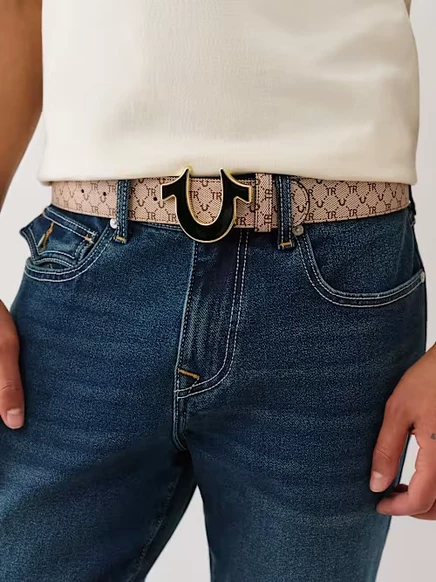 Ремень True Religion Monogram Logo с монограммой и золотой пряжкой, коричневый