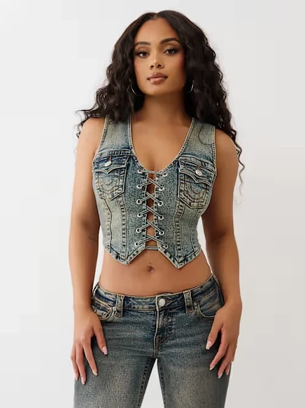 Женская джинсовая жилетка True Religion Lace Up, теплый песочный, средняя стирка
