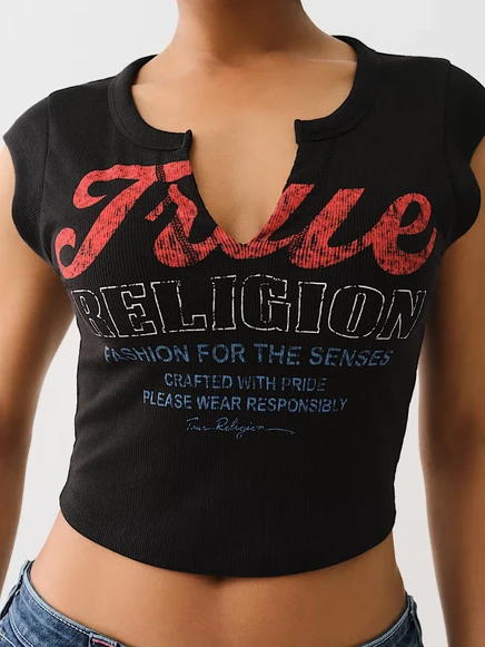 Женская укороченная футболка True Religion Vintage Logo, с V-образным вырезом, черная