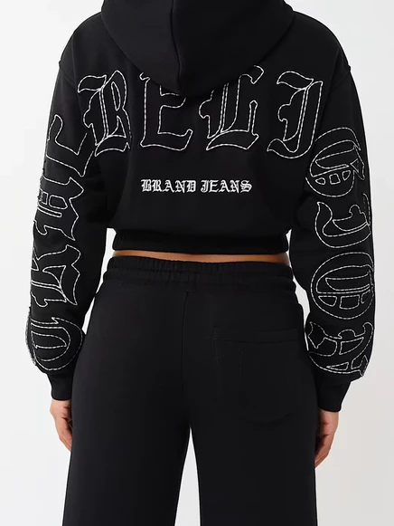 Женское худи на молнии True Religion Big T свободного кроя с аппликацией, черное