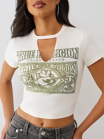 Женская футболка True Religion Crystal Buddha Keyhole укороченная со стразами