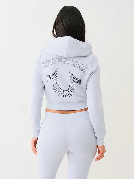 Женское укороченное худи на молнии True Religion с логотипом из кристаллов