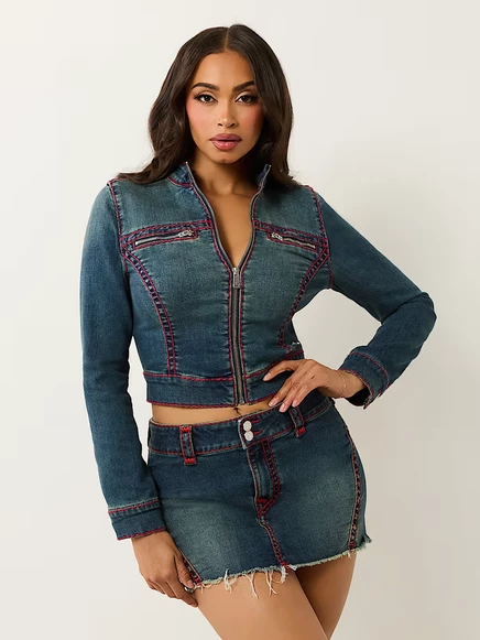 Женская укороченная джинсовая мото-куртка True Religion Shrunken Super T, индиго