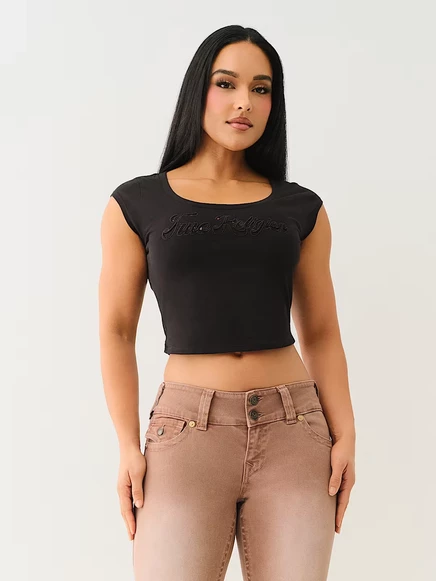 Женская футболка True Religion Lace Logo Scoop Neck, укороченная, с кружевным логотипом, черная
