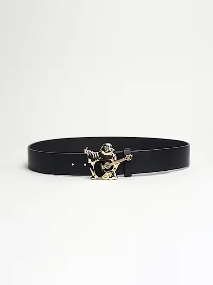 Мужской ремень True Religion Buddha Belt кожаный с золотой пряжкой-Будда, черный