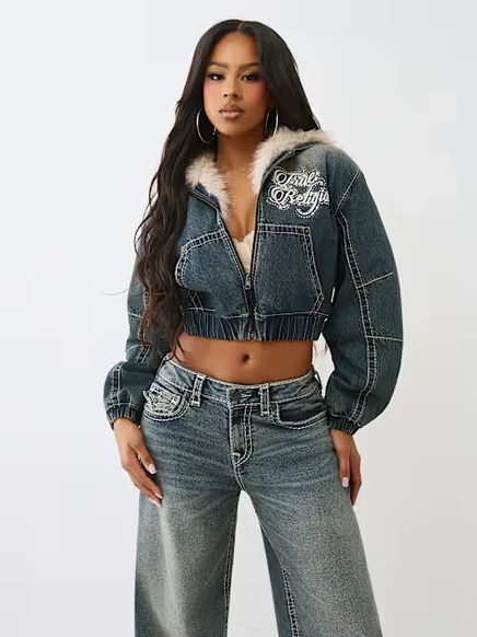 Женская джинсовая куртка True Religion Relaxed Big T с искусственным мехом, с капюшоном, средняя стирка