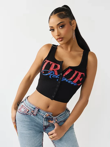 Женская майка True Religion на пуговицах в рубчик, черная