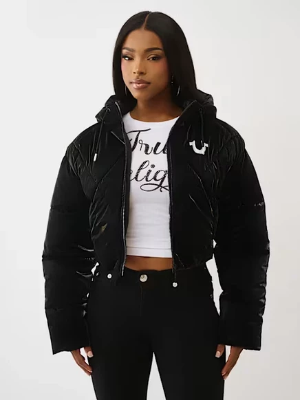 Женская куртка‑пуховик True Religion High‑Shine Metallic с капюшоном, черная