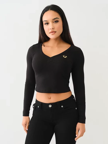 Женский топ True Religion Ribbed Horseshoe в рубчик с вышитой подковой, черный