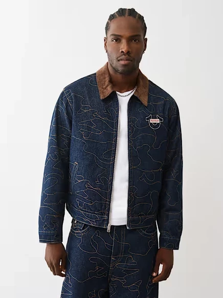 Джинсовая оверсайз куртка True Religion с вышивкой по всему изделию, в темной стирке