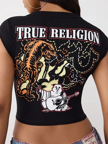 Женская футболка True Religion с прорезным вырезом и принтом тигр, черная