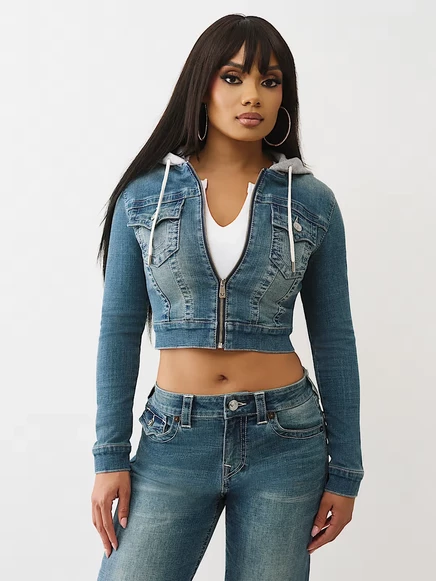 Женская джинсовая куртка True Religion Shrunken Denim с капюшоном, mountain laurel, средняя стирка