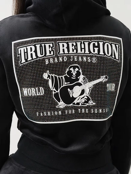 Худи True Religion укороченное велюровое на молнии со стразами, черное