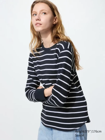 Женская вафельная футболка Uniqlo в полоску, темно-синяя