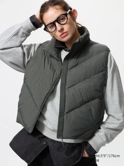 Женская укороченная жилетка Uniqlo PUFFTECH, оливковая