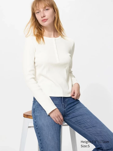 Женская футболка Uniqlo хенли в рубчик, слоновая кость