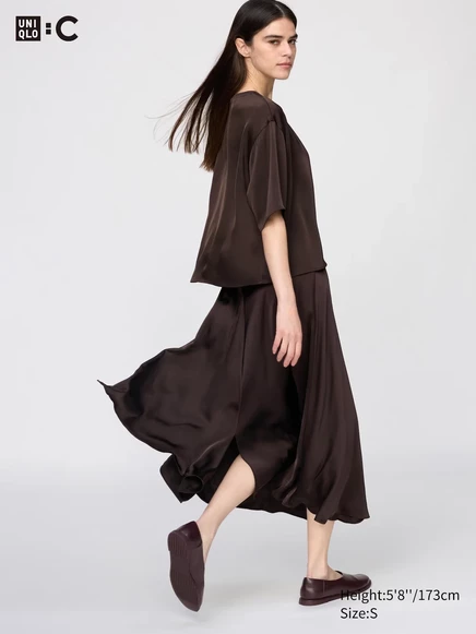 Женская длинная юбка Uniqlo сатиновая, темно-коричневая