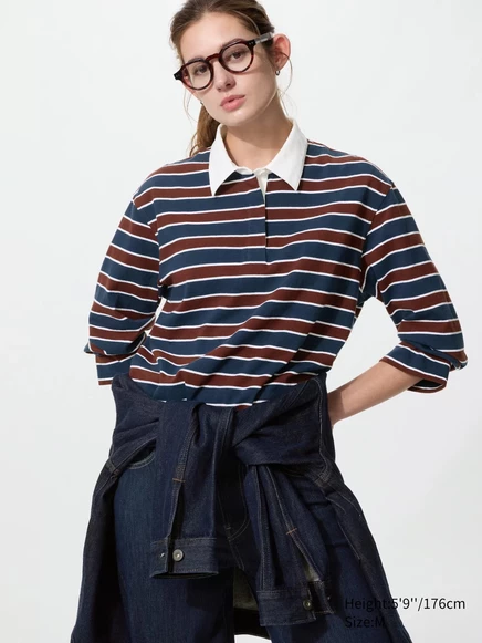 Женская рубашка‑поло Uniqlo Washed Cotton в полоску, темно‑синяя