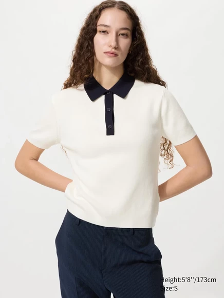 Женский свитер-поло Uniqlo с контрастной вставкой, молочный