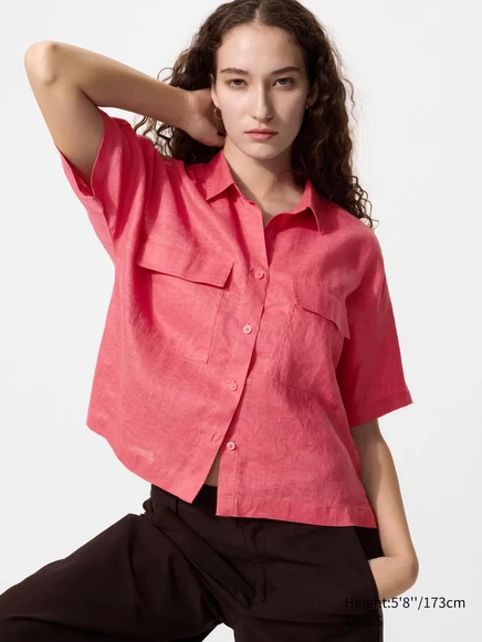 Женская льняная рубашка Uniqlo Skipper Boxy, розовая