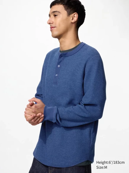Мужская футболка Uniqlo Waffle Henley с длинным рукавом, синяя
