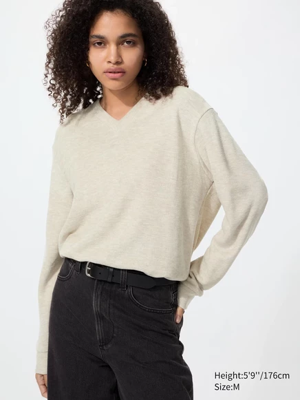 Женский лонгслив Uniqlo с V-вырезом, натуральный