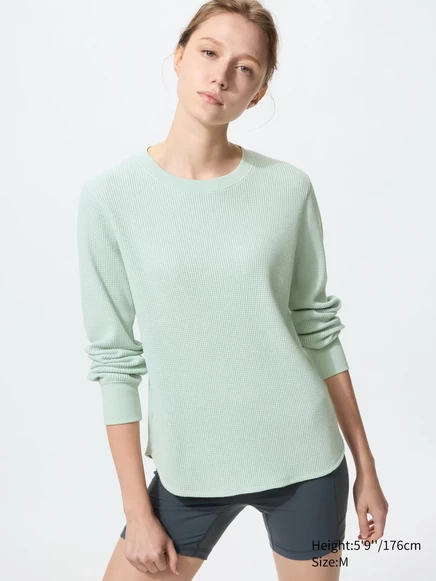 Женская футболка Uniqlo вафельная с длинным рукавом, зеленая