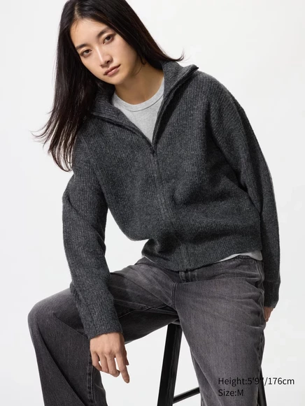 Женский кардиган Uniqlo Souffle Yarn на молнии, темно-серый