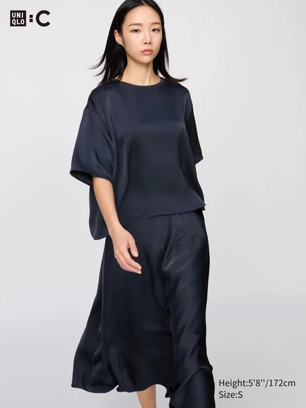Женская короткая атласная блуза Uniqlo оверсайз, темно-синяя