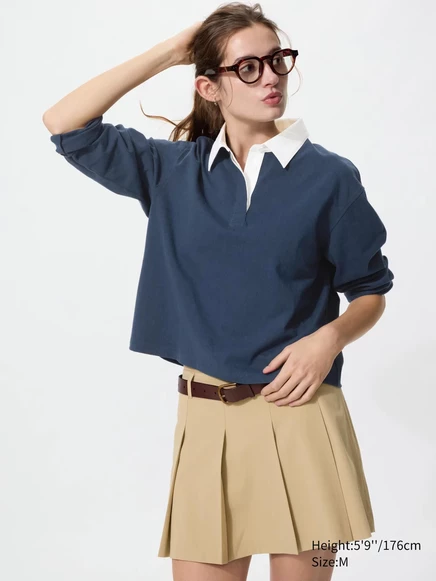 Женское поло Uniqlo из варёного хлопка с длинным рукавом, темно-синее