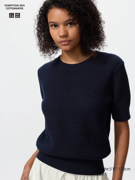 Женский хлопковый свитер Uniqlo с коротким рукавом, тёмно-синий