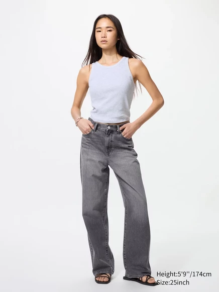 Женские джинсы Uniqlo Wide Straight из хлопка, широкие, с высокой посадкой, серые