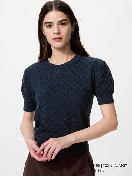 Женский свитер Uniqlo Pointelle, короткий рукав, темно-синий