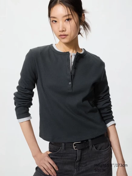 Женская футболка Uniqlo на пуговицах в рубчик, черная