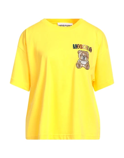 Женская футболка Moschino PAPERMAG с декором и стразами, жёлтая