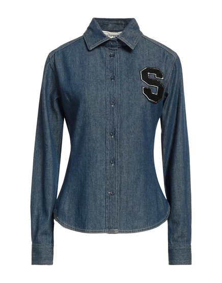 Женская джинсовая рубашка SHIRTAPORTER с контрастными аппликациями, синяя