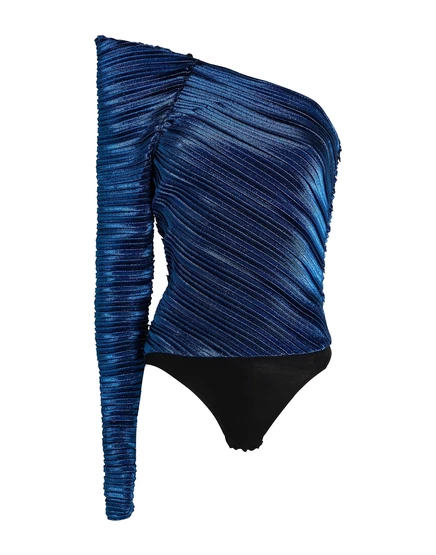 Женское боди Mugler ламе, на одно плечо, синее