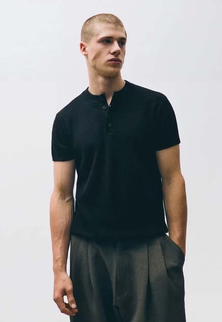 Мужская базовая футболка Bershka Henley, черная