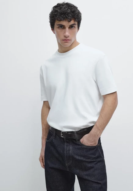 Massimo Dutti Wool blend double fabric high neck jacket - Basic T-shirt - burnt orange denim white