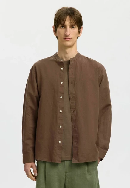 Selected SLHREGCLAY LINENBLEND LS SHIRT BAND NOOS - Shirt - bright white chocolate chip