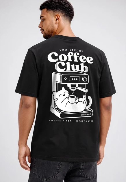 Neverless HERREN T-SHIRT - DESIGN CAT COFFEE - OVERSIZED RELAXED FIT - Print T-shirt - relaxed-fit hell-beige relaxed-fit schwarz
