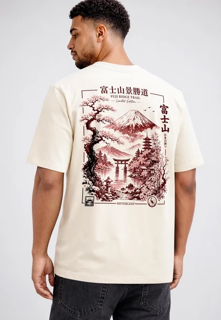 Мужская футболка Neverless Design Mount Fuji, бежевая