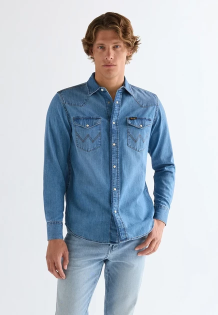 Мужская рубашка Wrangler Western, джинсовая, голубая