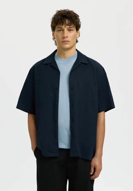 Selected Short sleeved Linen Blend - Shirt - bright white sky captain
