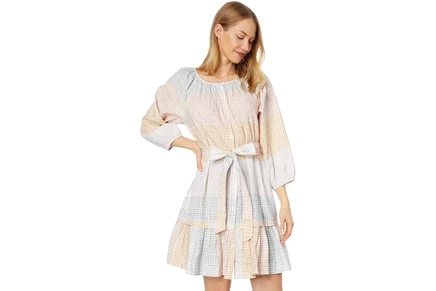 Lilla P 3/4 Sleeve Button-Down Peplum Dress abstract check