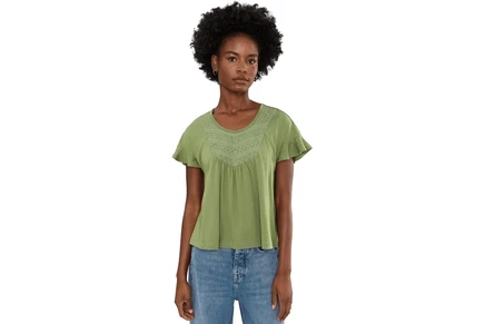 Топ Liverpool Los Angeles Flutter Sleeve Woven To Knit Top with Embroidery