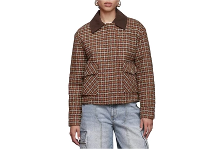 Avec Les Filles Oversized Tweed Bomber Jacket brown/blue plaid