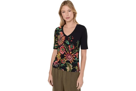 Johnny Was The Janie Favorite Fitted V-Neck Elbow Sleeve Tee valley of the fleurs black