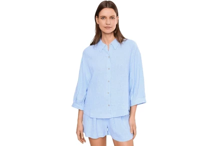 Eberjey Linen Blend Relaxed Sleeve Top gingham white/summer blue