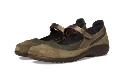 Naot Kirei soft green leather/hunter green suede/pewter leather